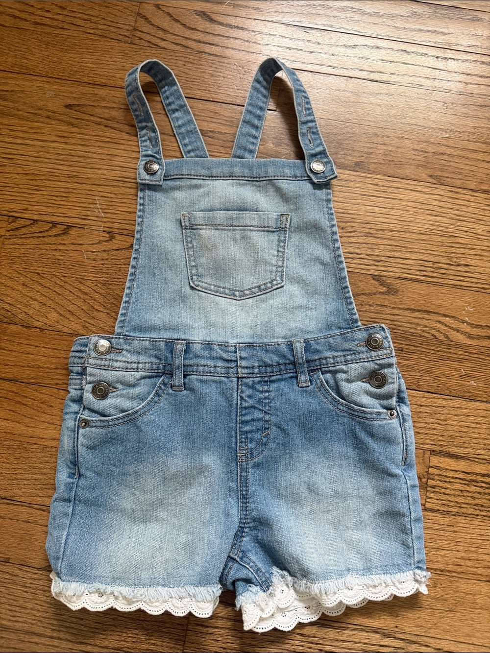Cat & Jack Light Blue Denim Shortall with White Lace Trim
